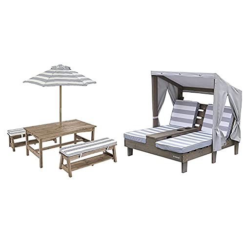 KidKraft Outdoor Table & Bench Set with Cushions and Umbrella Gray & White Stripes with Outdoor Double Chaise Lounge with Cup Holders Gray