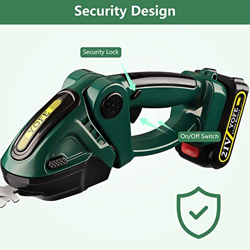 YOFE 21V Cordless Hedge Trimmer & Grass Shear, 2 in 1 Handheld Shrubbery Trimmer Electric Grass Trimmer, Lightweight & Safe Grass Cutter/Hedge Shear with Rechargeable Battery and Charger