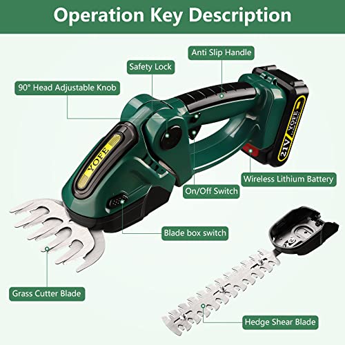 YOFE 21V Cordless Hedge Trimmer & Grass Shear, 2 in 1 Handheld Shrubbery Trimmer Electric Grass Trimmer, Lightweight & Safe Grass Cutter/Hedge Shear with Rechargeable Battery and Charger