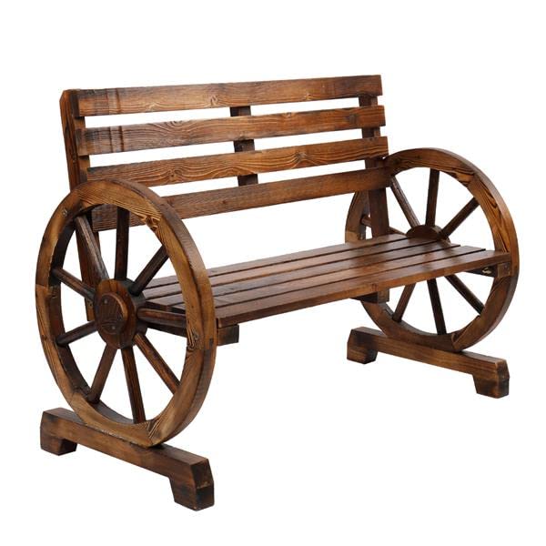 Flulep Rustic 2-Person Wooden Wagon Wheel Bench with Slatted Seat and Backrest, Brown