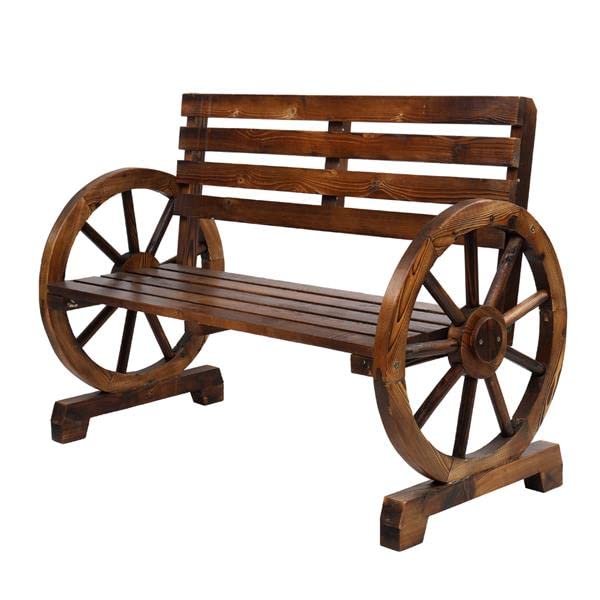 Flulep Rustic 2-Person Wooden Wagon Wheel Bench with Slatted Seat and Backrest, Brown