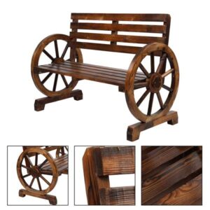 Flulep Rustic 2-Person Wooden Wagon Wheel Bench with Slatted Seat and Backrest, Brown