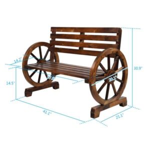 Flulep Rustic 2-Person Wooden Wagon Wheel Bench with Slatted Seat and Backrest, Brown