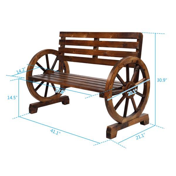 Flulep Rustic 2-Person Wooden Wagon Wheel Bench with Slatted Seat and Backrest, Brown