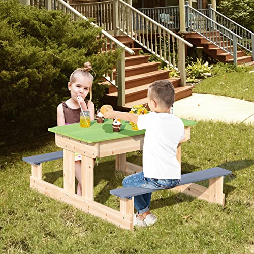 Costzon Kids Picnic Table, 3 in 1 Multipurpose Sand & Water Table w/Removable Top & 2 Storage Boxes, Wooden Construction, Bench Set for Indoor & Outdoor, Patio, Yard, Activity Play Table (Natural)