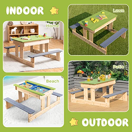 Costzon Kids Picnic Table, 3 in 1 Multipurpose Sand & Water Table w/Removable Top & 2 Storage Boxes, Wooden Construction, Bench Set for Indoor & Outdoor, Patio, Yard, Activity Play Table (Natural)