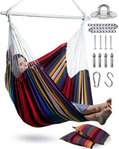 xxl hammock chair hanging rope swing with 2 cushions – max 500lbs-perfect for patio, porch, bedroom, backyard, indoor or outdoor – includes hanging hardware kits