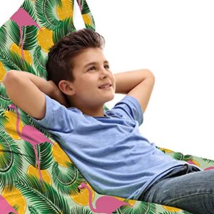ambesonne hawaiian lounger chair bag, summer theme depiction of flamingos palm leaves and orange slices, high capacity storage with handle container, lounger size, pale green and multicolor