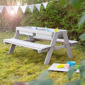 roba: Picnic Play Table Set - Grey - with Play Tubs & Storage Compartment, Weatherproof Solid Wood, Bench Seats & Mud Table, Toddler & Kids, Ages 1+