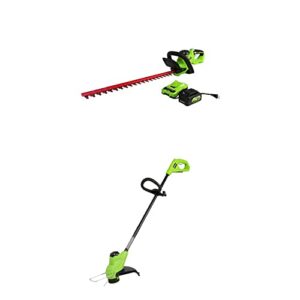 greenworks 24v 22″ laser cut hedge trimmer, (1) 4ah usb battery and charger included + 24v 10″ torqdrive™ string trimmer