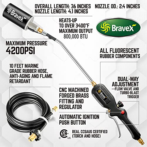 Propane Torch Weed Burner - Automatic Ignition System (Electronic Pulse Push Button) Propane Weed Torch Kit (CSA Certified) with 10ft Long Hose, Max Output 800,000 BTU, Fits for 5-100lb Propane Tank