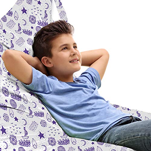 Ambesonne Nautical Lounger Chair Bag, Hand Drawn Boat Stars Flying Gulls Crescent Moon Shell Waves Girls Pattern, High Capacity Storage with Handle Container, Lounger Size, Purple