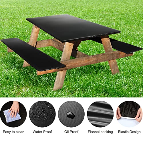 3 PCS Picnic Table and Bench Fitted Tablecloth Cover for 6 Ft Table 30 x 72 Inch Vinyl Fitted Elastic Edges Waterproof Wipeable Tablecloth for Indoor Outdoor Travel Picnics Patio Camping (Black)