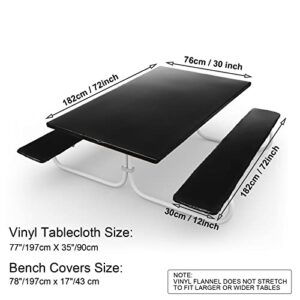 3 PCS Picnic Table and Bench Fitted Tablecloth Cover for 6 Ft Table 30 x 72 Inch Vinyl Fitted Elastic Edges Waterproof Wipeable Tablecloth for Indoor Outdoor Travel Picnics Patio Camping (Black)