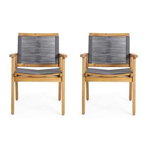 christopher knight home tracy outdoor acacia wood dining chair with rope seating (set of 2), teak and dark gray