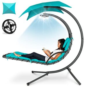 best choice products hanging led-lit curved chaise lounge chair swing for backyard, patio, lawn w/ 3 light settings, weather-resistant pillow, removable canopy shade, steel stand – teal