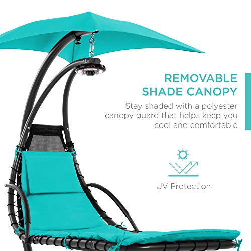 Best Choice Products Hanging LED-Lit Curved Chaise Lounge Chair Swing for Backyard, Patio, Lawn w/ 3 Light Settings, Weather-Resistant Pillow, Removable Canopy Shade, Steel Stand - Teal