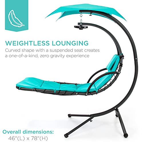 Best Choice Products Hanging LED-Lit Curved Chaise Lounge Chair Swing for Backyard, Patio, Lawn w/ 3 Light Settings, Weather-Resistant Pillow, Removable Canopy Shade, Steel Stand - Teal