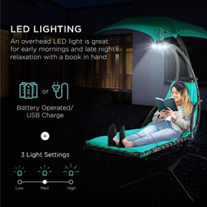 Best Choice Products Hanging LED-Lit Curved Chaise Lounge Chair Swing for Backyard, Patio, Lawn w/ 3 Light Settings, Weather-Resistant Pillow, Removable Canopy Shade, Steel Stand - Teal