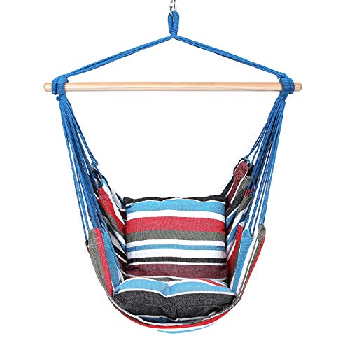 Blissun Hanging Hammock Chair, Hanging Swing Chair with Two Cushions, 34 Inch Wide Seat Blue & Green Stripes (Cool Breeze)