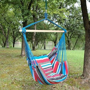 Blissun Hanging Hammock Chair, Hanging Swing Chair with Two Cushions, 34 Inch Wide Seat Blue & Green Stripes (Cool Breeze)