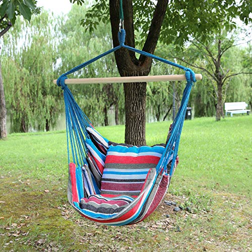 Blissun Hanging Hammock Chair, Hanging Swing Chair with Two Cushions, 34 Inch Wide Seat Blue & Green Stripes (Cool Breeze)