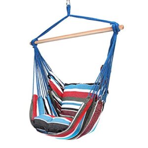 Blissun Hanging Hammock Chair, Hanging Swing Chair with Two Cushions, 34 Inch Wide Seat Blue & Green Stripes (Cool Breeze)