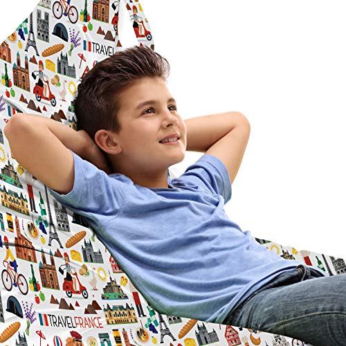 Ambesonne Notre Dame de Paris Lounger Chair Bag, Landmark and Travel Map with Colorful Illustrations of France Culture, High Capacity Storage with Handle Container, Lounger Size, Multicolor