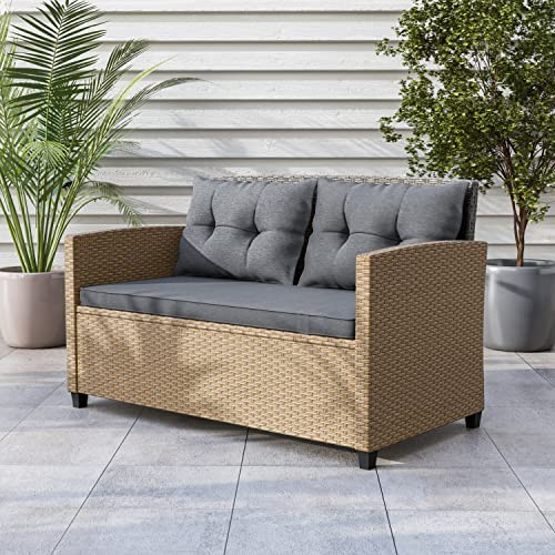 Muse & Lounge Co. Mobler Transitional Steel Frame and All-Weather Wicker 48 in. Wide 2-Seater Patio Loveseat for Outdoor, Garden, Poolside, Balconies, Natural Brown