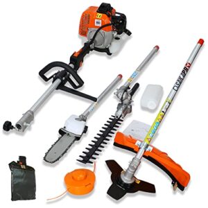 tomkate 4 in 1 multi-functional trimming tool, 33cc 2-cycle garden tool system with gas pole saw, hedge trimmer, grass trimmer, and brush cutter, reach to 10ft garden combo for lawn care