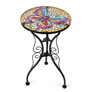 liffy outdoor mosaic side table – butterfly round end table – small patio side table – glass garden side table for yard,lawn