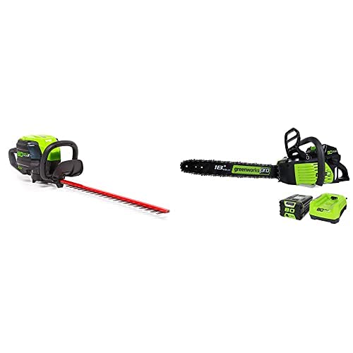 Greenworks Pro 80V 24-Inch Brushless Hedge Trimmer and Pro 80V 18-Inch Brushless Cordless Chainsaw Combo Kit, 2.0Ah Battery and Charger Included