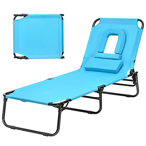 LIVIZA Folding Patio Lounge Chair, All-Weather Beach Lounge Chair, Outdoor Sunbathing Chair with Hole for Face, Adjustable Recliner Chaise Perfect for Garden Pool Beach (Turquoise)