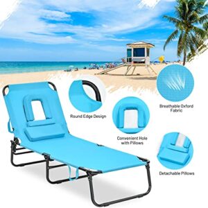 LIVIZA Folding Patio Lounge Chair, All-Weather Beach Lounge Chair, Outdoor Sunbathing Chair with Hole for Face, Adjustable Recliner Chaise Perfect for Garden Pool Beach (Turquoise)