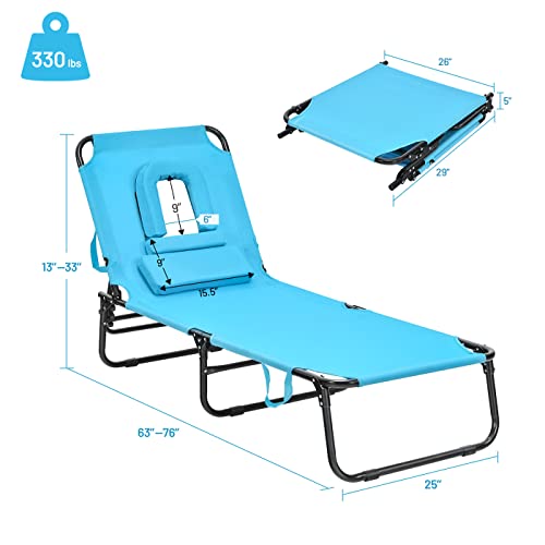 LIVIZA Folding Patio Lounge Chair, All-Weather Beach Lounge Chair, Outdoor Sunbathing Chair with Hole for Face, Adjustable Recliner Chaise Perfect for Garden Pool Beach (Turquoise)