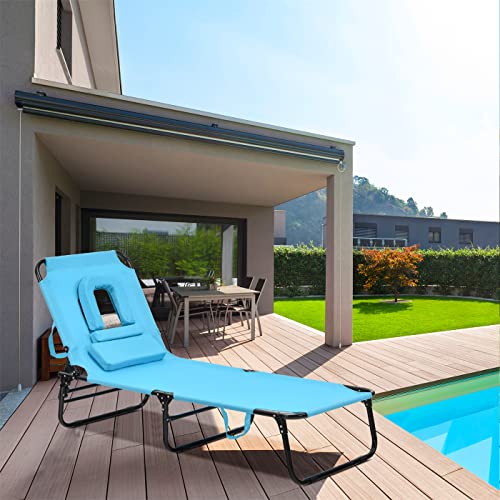 LIVIZA Folding Patio Lounge Chair, All-Weather Beach Lounge Chair, Outdoor Sunbathing Chair with Hole for Face, Adjustable Recliner Chaise Perfect for Garden Pool Beach (Turquoise)