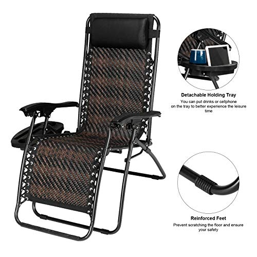 VINGLI Patio Wicker Chair 1 Piece Zero Gravity Chair with Cup Holder and Pillow, Outdoor Folding Rattan Recliner for Garden Patio Porch Balcony Beach Swimming Pool, Outdoor and Indoor Use