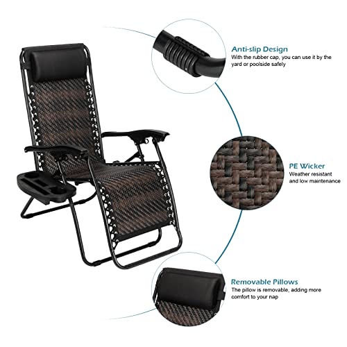 VINGLI Patio Wicker Chair 1 Piece Zero Gravity Chair with Cup Holder and Pillow, Outdoor Folding Rattan Recliner for Garden Patio Porch Balcony Beach Swimming Pool, Outdoor and Indoor Use