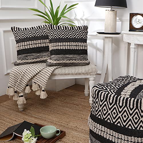 · REDEARTH · Boho Textured Throw Pillow -Cushion Covers Woven Tufted Decorative Farmhouse Cases Set for Couch, Sofa, Bed, Chair, Dining, Patio, Outdoor; 100% Cotton (18"x18") Pack of 2