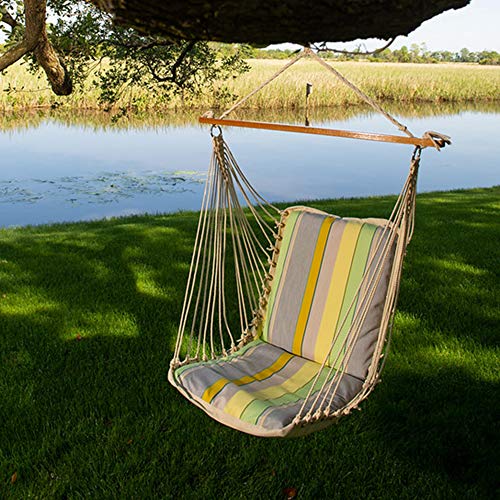 Original Pawleys Island Sunbrella Cushioned Single Swing in Expand Citronelle with Oak Spreader Bar, Handcrafted in The USA, 350 LB Weight Capacity, 24 in. L x 24 in W x 24 in. D