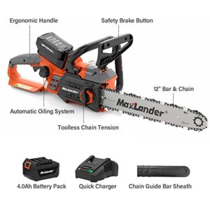 12-Inch Cordless Battery Operated Chainsaw with 1x4.0Ah Battery&Charger, MAXLANDER 20V Electric Chainsaw with Auto-Tension & Auto-Lubrication, Lightweight Handheld Chainsaw for Wood Cutting & Trimming