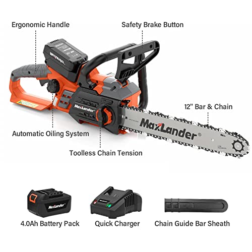 12-Inch Cordless Battery Operated Chainsaw with 1x4.0Ah Battery&Charger, MAXLANDER 20V Electric Chainsaw with Auto-Tension & Auto-Lubrication, Lightweight Handheld Chainsaw for Wood Cutting & Trimming