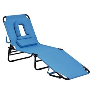 tangkula folding chaise lounge chair with hole for face, outdoor 5-position adjustable reclining beach sunbathing chair, portable face down tanning chair for patio backyard poolside beach (1, blue)