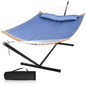 mansion home two person hammock with stand, outdoor hammock with curved spreader bar, hammocks for outside with stand, pillow and portable bag, blue