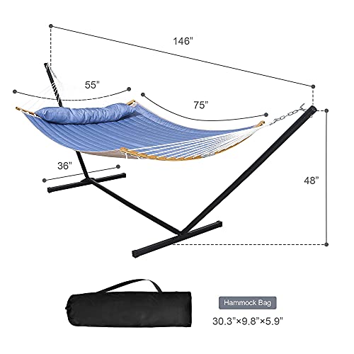 Mansion Home Two Person Hammock with Stand, Outdoor Hammock with Curved Spreader Bar, Hammocks for Outside with Stand, Pillow and Portable Bag, Blue