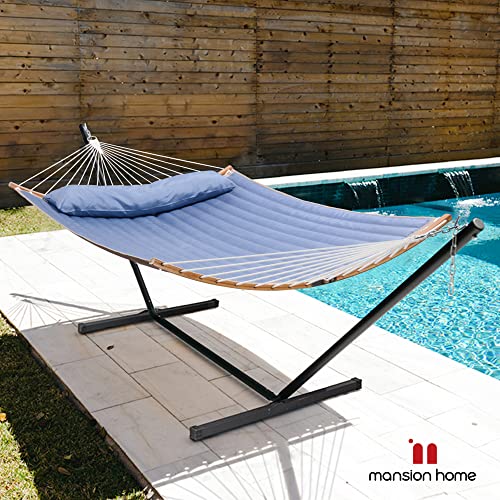 Mansion Home Two Person Hammock with Stand, Outdoor Hammock with Curved Spreader Bar, Hammocks for Outside with Stand, Pillow and Portable Bag, Blue