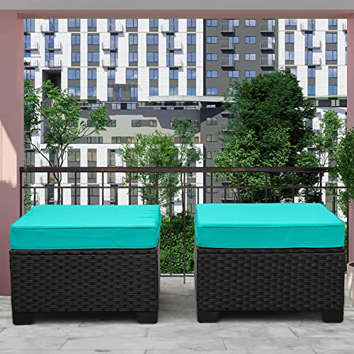 Rattaner Patio Furniture Outdoor Ottomans for Patio 2 Pcs Patio Ottoman Set Outdoor Furniture Outdoor Foot Rest for Patio Anti-Slip Cushions and Waterproof Cover, Turquoise