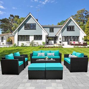 Rattaner Patio Furniture Outdoor Ottomans for Patio 2 Pcs Patio Ottoman Set Outdoor Furniture Outdoor Foot Rest for Patio Anti-Slip Cushions and Waterproof Cover, Turquoise