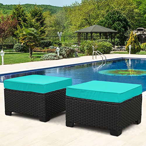 Rattaner Patio Furniture Outdoor Ottomans for Patio 2 Pcs Patio Ottoman Set Outdoor Furniture Outdoor Foot Rest for Patio Anti-Slip Cushions and Waterproof Cover, Turquoise