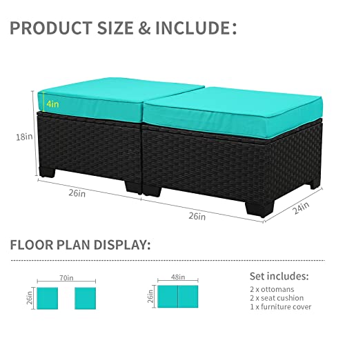 Rattaner Patio Furniture Outdoor Ottomans for Patio 2 Pcs Patio Ottoman Set Outdoor Furniture Outdoor Foot Rest for Patio Anti-Slip Cushions and Waterproof Cover, Turquoise